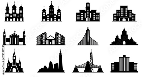Diverse architecture silhouettes: cityscapes, religious buildings, and landmark icons