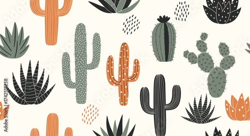 A playful pattern of various desert succulents and cacti in earthy tones.