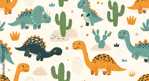 Cute dinosaur and cactus pattern.