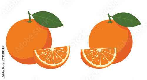 Fresh oranges with a slice showing juicy pulp and vibrant color