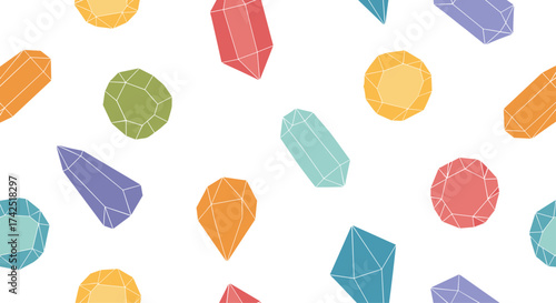 A colorful collection of geometric shapes and crystals.
