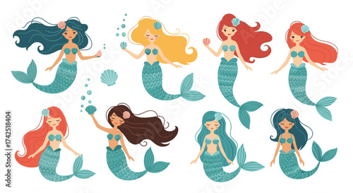 A collection of eight beautiful mermaids swimming underwater.