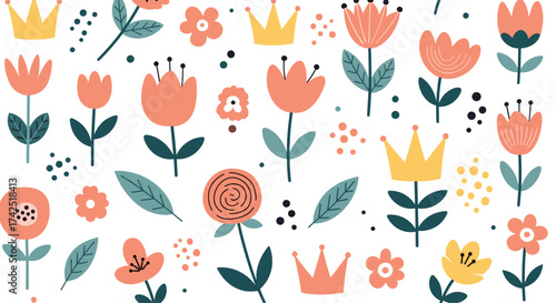 A whimsical pattern of cheerful coral and yellow flowers with crowns and scattered dots.