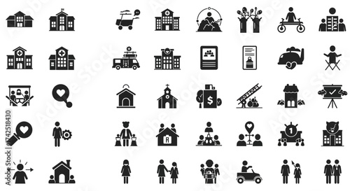 Diverse vector icon set representing community services, education, and family life