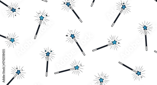 A delightful pattern of magical wands scattered across a white background.