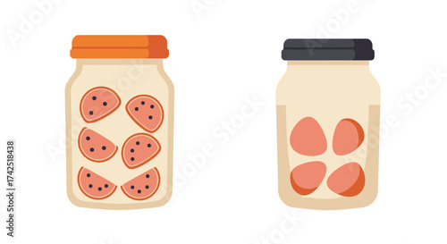 Two glass jars containing preserves or jam with fruit inside
