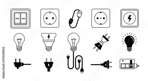 Electrical components icons, vector set of light bulb, socket and plug illustration
