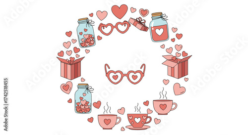 A circular arrangement of Valentine's day elements with hearts.