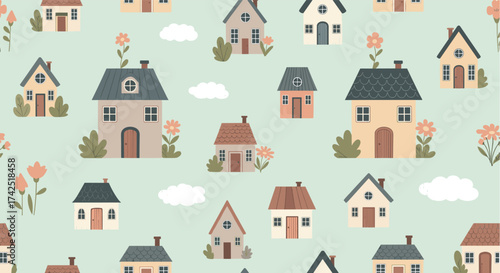 A whimsical village of charming houses with blooming flowers and fluffy clouds.