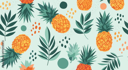 A delightful pattern of pineapples and tropical leaves on a soft mint background.