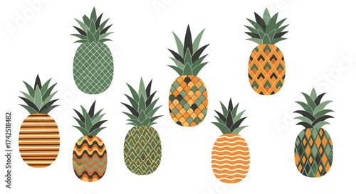 A collection of various decorative pineapples in different artistic styles.