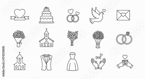 Elegant Wedding Icon Set: Outlined Vectors Featuring Love, Cake, Rings, and More