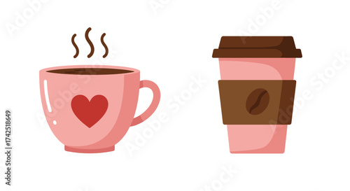 Two coffee containers one a mug the other a to go cup displayed