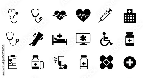 Essential healthcare icons set vector illustration depicting medicine and wellness