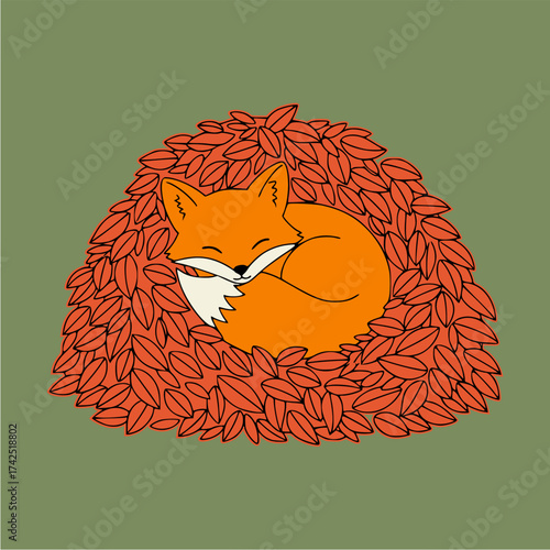 Sleeping Fox in a Nest of Autumn Leaves A Cozy Fall Illustration
