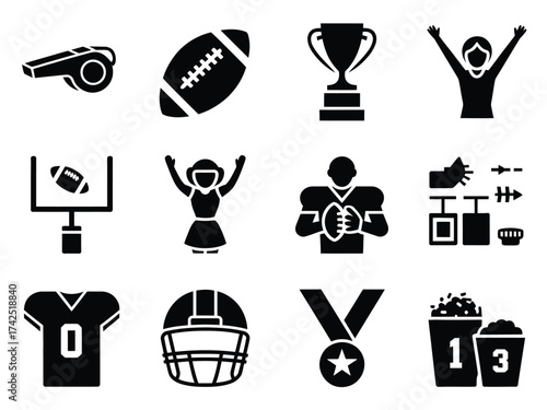 Collection of american football icons vector graphics for sports and game design projects scalable eps silhouette vector illustration white background