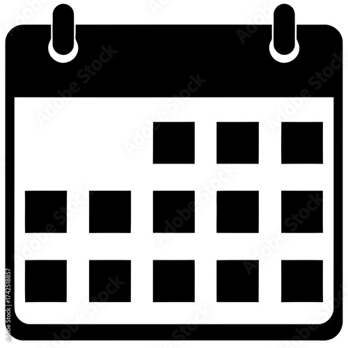 A sleek, minimalist black and white vector icon of a calendar, perfect for symbolizing date tracking, appointment scheduling, and time management in digital interfaces and planning applications
