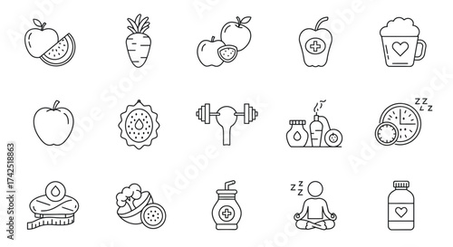 Line Art Illustration Featuring Healthy Lifestyle Elements on a White Background