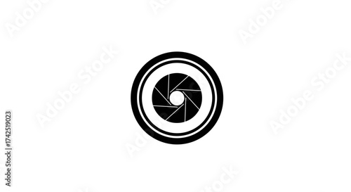 Minimalist black and white illustration of a camera lens aperture symbol