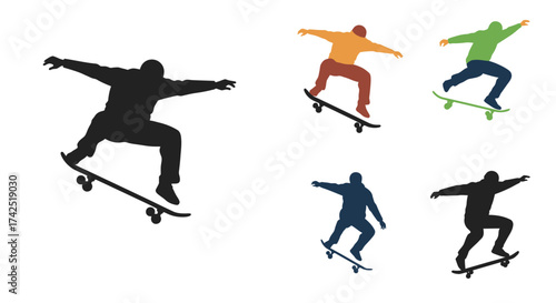 Skateboarders in motion colorful silhouettes capturing dynamic action and energy