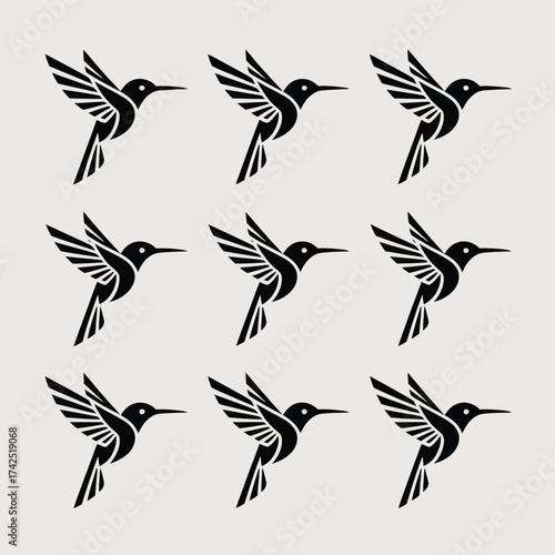 Set of 9 black and white hummingbird vector illustrations for scalable eps designs silhouette vector illustration white background