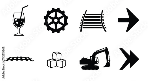 A collection of simple black and white icons representing various concepts