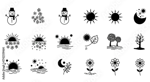 Seasonal Icons: A versatile collection of winter, summer and nature-themed graphics
