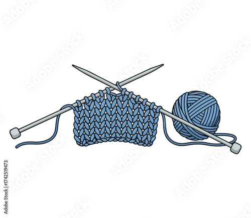Knitting Needles with Yarn Ball and Blue Knitted Fabric – Vector Illustration