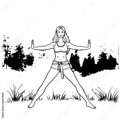 Woman Practicing Yoga Warrior Two Pose Outdoors in Natural Mountain Scenery Background Illustration
