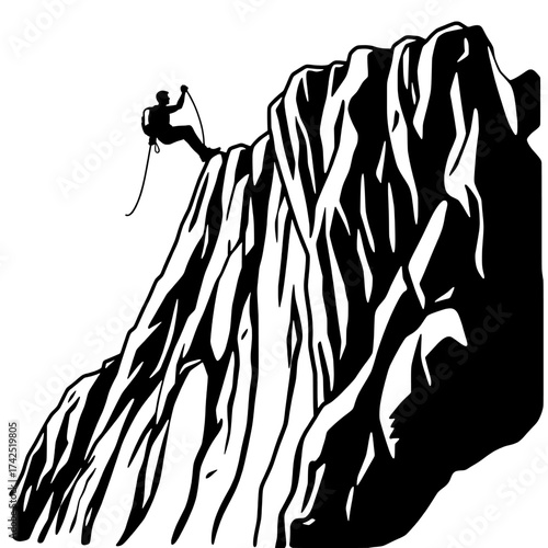 Silhouette Of Climber Rappelling Down Steep Cliffside With Rope In Black And White Illustration