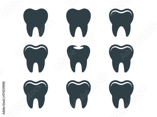 Nine stylized dark blue tooth illustrations in a grid vector graphic for dental and medical use silhouette vector illustration white background