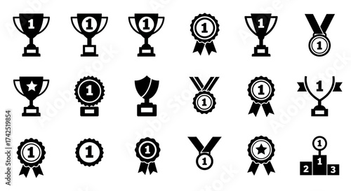 Variety of black and white icons for victory, awards, and top achievers
