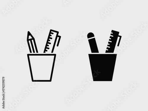 Minimalist vector illustration of two pencil holders with writing tools scalable eps graphic for design projects silhouette vector illustration white background