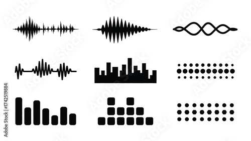 Set of nine black and white audio waveform vector illustrations for sound and music graphics vector