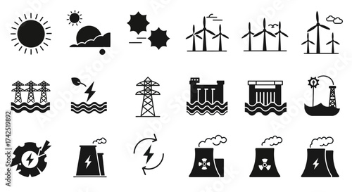 Vector illustration featuring diverse sources of energy represented by icons