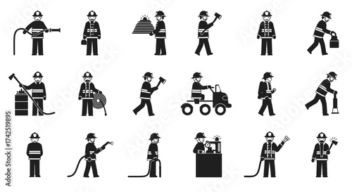 Vector Illustration Collection of Firefighter Pictograms in Various Actions and Poses