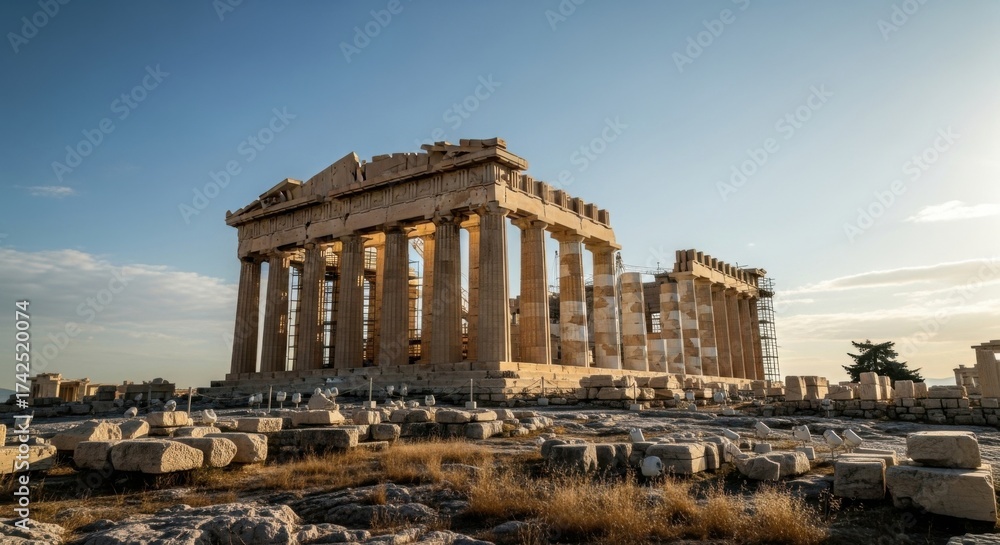 Fototapeta premium Ancient Greek Temple Ruins in Sunlit Archaeological Site with Scattered Stones and Clear Blue Sky