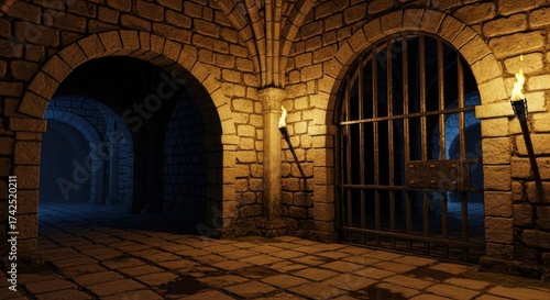 Dark Medieval Stone Dungeon with Torches and Iron Gate Under Dim Lighting