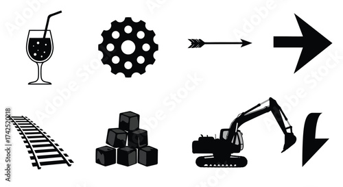Black and white icons depicting drink gear arrow train and machinery