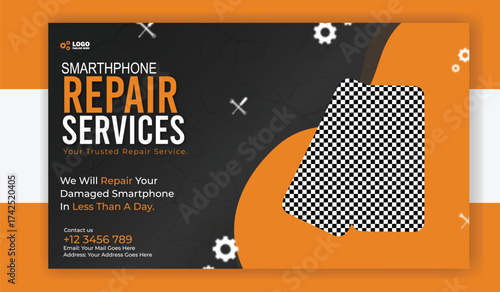 Smartphone repair services banner template for social media with modern design