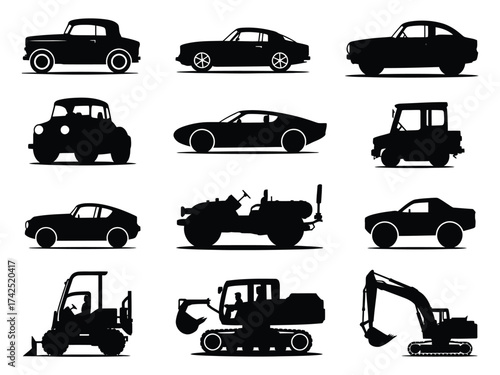 Collection of silhouette vector illustrations featuring diverse vehicles cars trucks and construction equipment scalable eps silhouette vector illustration white background