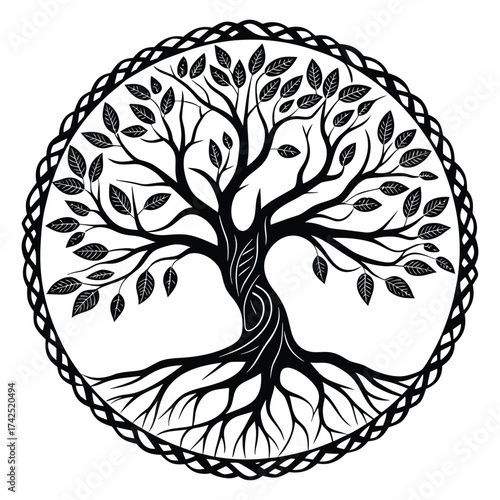 Intricate tree of life mandala sacred circle with roots silhouette