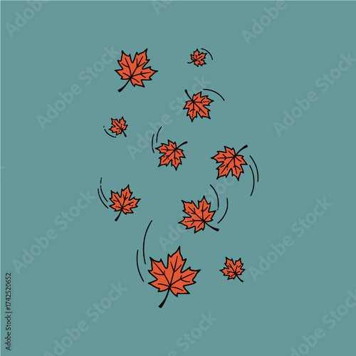 Autumnal Descent Falling Maple Leaves in Elegant Cascade on Teal Backdrop