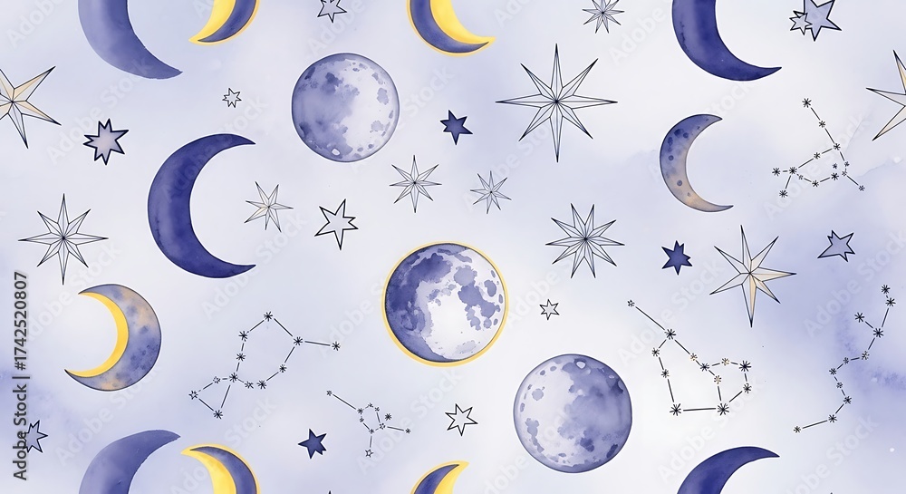 Naklejka premium Whimsical watercolor pattern of moons stars and constellations on a soft lavender background