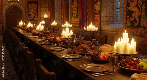 Medieval Banquet Table Filled with Candles Fruits and Roasted Meats in Historic Castle Setting