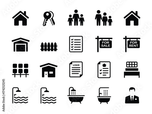 Collection of 16 scalable vector icons representing real estate and home services silhouette vector illustration white background