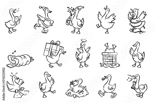 Whimsical Naughty Goosemas Clipart ,Funny Christmas Goose Illustrations in Hand-Drawn Style, Perfect for Holiday Crafts, Stickers, Cards, Invitations, Decorations, and Festive Digital Projects.