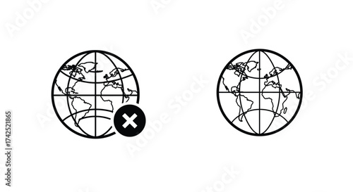 Two black and white globe icons one with a visible error mark
