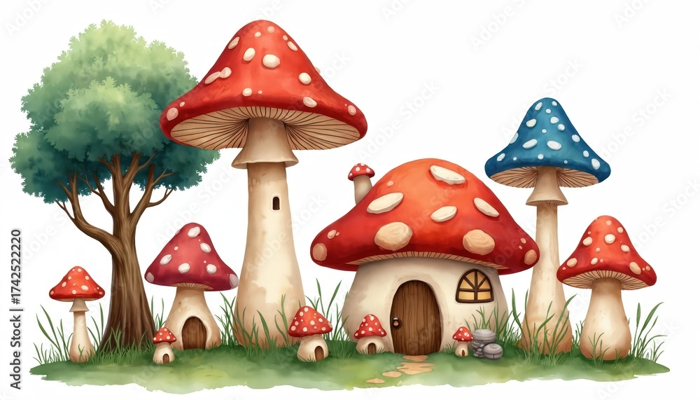 Naklejka premium Whimsical mushroom village illustration with cute fantasy houses. Red, blue fungi homes sit on green grass near big tree. Fairytale garden scene for kids books, game art, children story background.