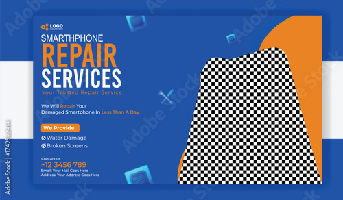 Smartphone repair services banner template for social media with modern design
